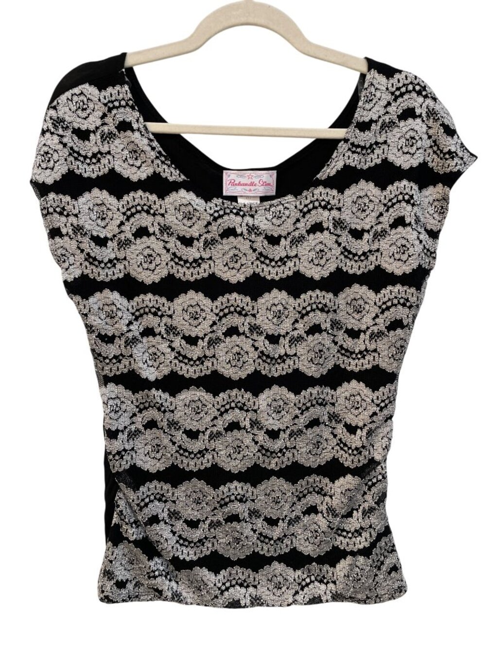 Panhandle Top XL Slim Cap Sleeve Knit Blouse Black Silver Lace Whimsigoth NEW